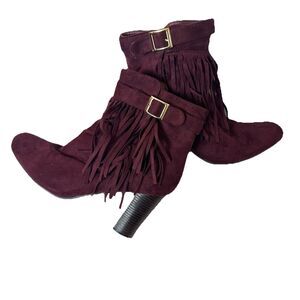 Olivia Miller Booties Boots Womens Sz 11 Burgundy‎ Gold Buckle Fringe Ankle